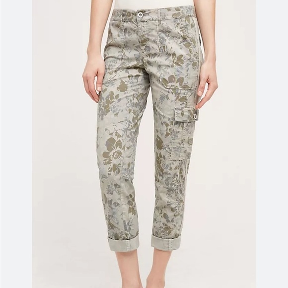 Anthropologie Hei Hei Wanderer Green Floral Print Cropped Cargo Ankle Pants 2 - Picture 1 of 8